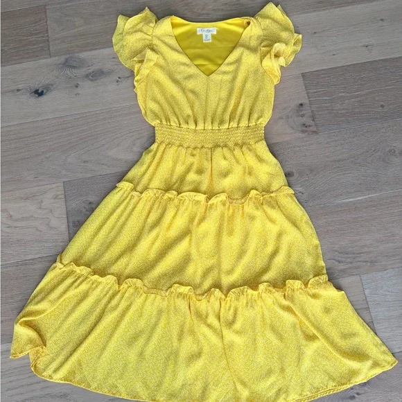 Jessica Simpson Yellow Ruffle Tiered Midi Dress with V-Neck - Picture 1 of 7